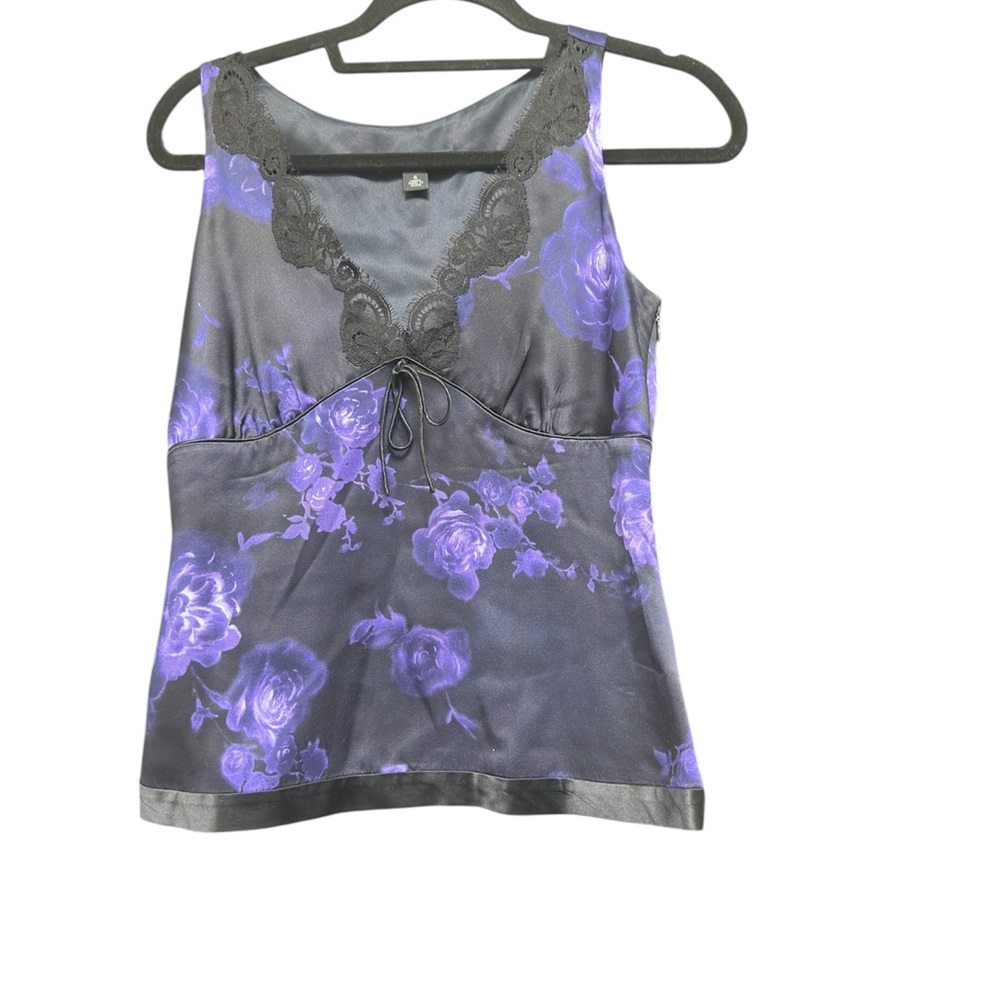 100% Silk Banana Republic- Silk Purple Floral Lace Trim Camisole Top